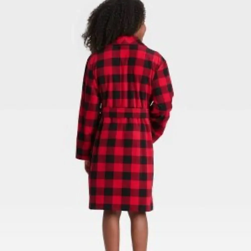 100% Polyester Kids Buffalo Check Print Cozy Fleece Robe pajama sleep red black